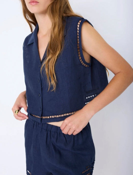 CAMISA LINO BRODERIE AZUL