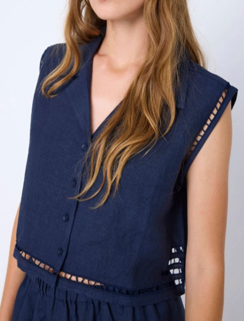 CAMISA LINO BRODERIE AZUL